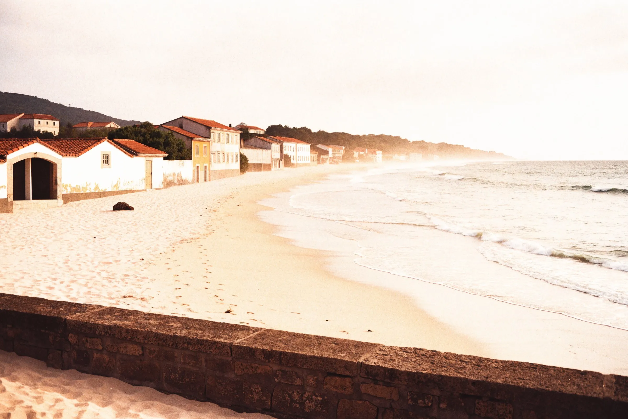 Carcavelos Portugal beach town, looking along the shoreline near Cascais