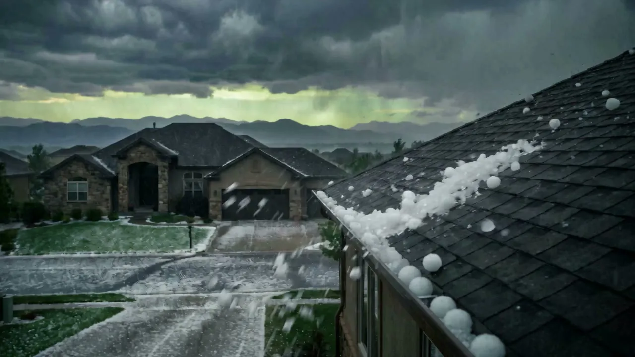 Golf-ball hail piling along the edge of a shingle roof, with a stone-and-stucco Denver home across the street and the Front Range under a green-tinged storm sky