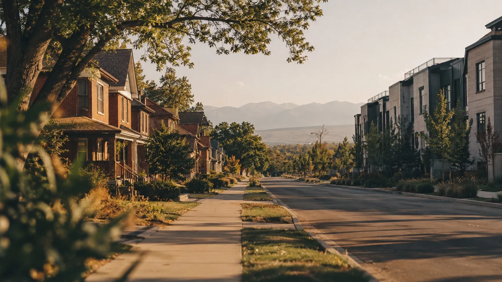 A Denver residential street at golden hour: older brick homes with porches on one side, modern attached townhomes on the other, the Front Range on the horizon